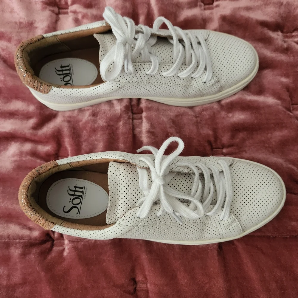 Sofft White Perforated Leather Sneakers with Tan Heel Accent